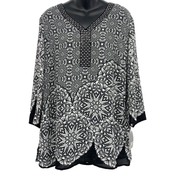 JM Collection Size Large Black White Geometric Stud V-Neck Tunic Top Blouse New - Picture 1 of 10